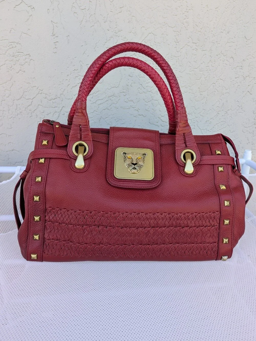 Sharif 1827 Red Leather Panther Hardware Satchel Tote Bag Y2K VTG